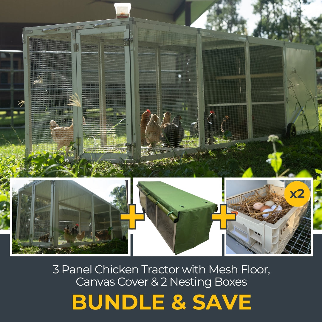 3-Panel Chicken Tractor + Mesh Floor + Canvas Cover + 2 Nesting Boxes Bundle