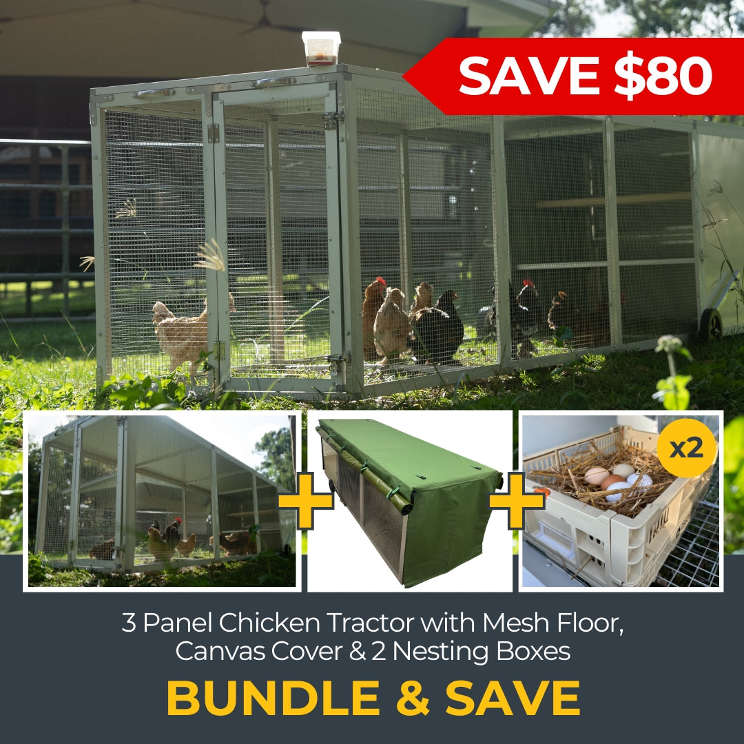 3-Panel Chicken Tractor + Mesh Floor + Canvas Cover + 2 Nesting Boxes Bundle