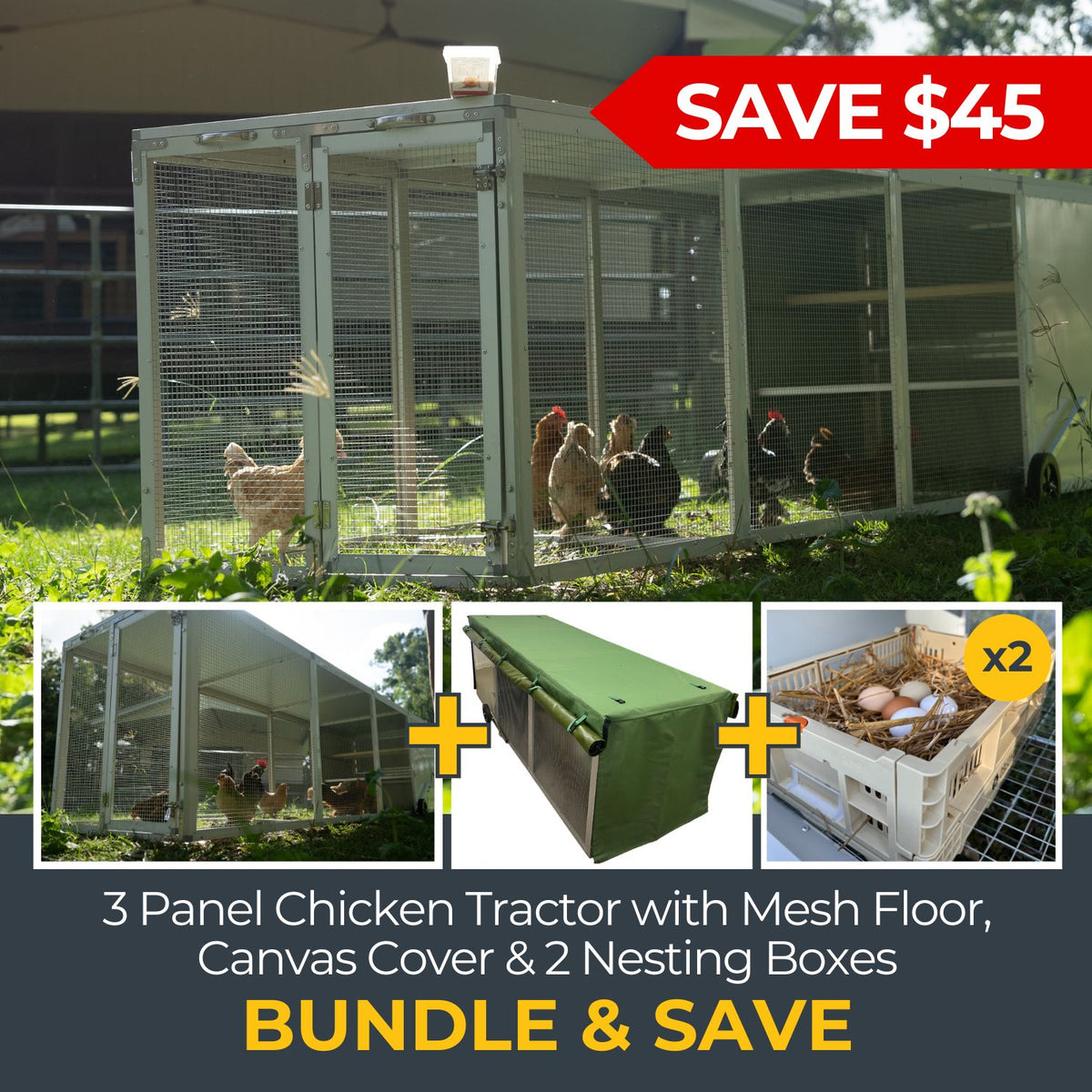 Chicken Module Rack Covers 3-Panel Chicken Tractor + Mesh Floor + Canvas Cover + 2 Nesting Boxes