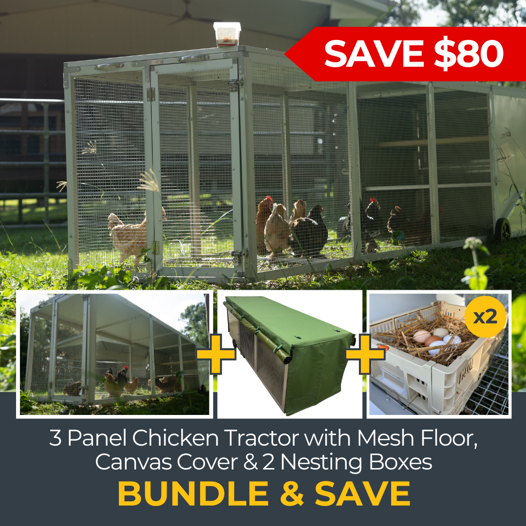 3-Panel Chicken Tractor + Mesh Floor + Canvas Cover + 2 Nesting Boxes Bundle